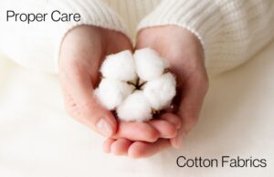 Cotton Fabric cleaning tips graphic with woman holding cotton